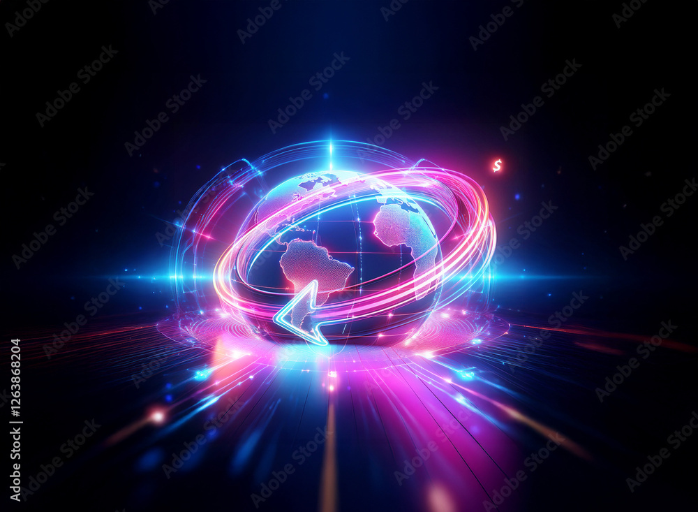 Obraz premium Futuristic glowing globe with vibrant neon light trails in blue and pink orbiting it. Dark backdrop with emanating light streaks. Energetic design.