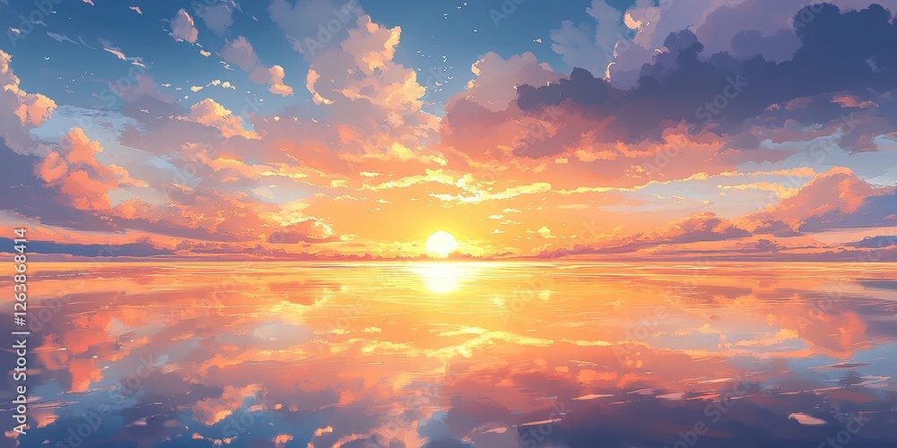 Fototapeta premium Vibrant sunset sky ablaze in oranges, pinks, blues, and purples, with a glowing sun casting an amber glow over the horizon's edge