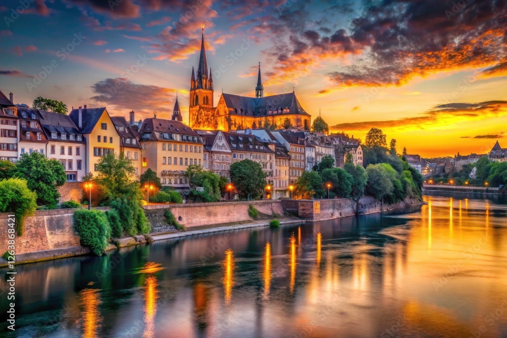 Fototapeta premium Golden hour illuminates Basel's Old Town, a breathtaking Swiss sunrise panorama.