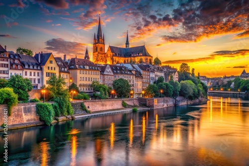 Golden hour illuminates Basel's Old Town, a breathtaking Swiss sunrise panorama.