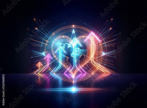 Wallpaper Mural Vibrant neon heart with a world map inside, surrounded by glowing arrows pointing upwards and outwards. Futuristic, connected, growth, dark backdrop. Torontodigital.ca