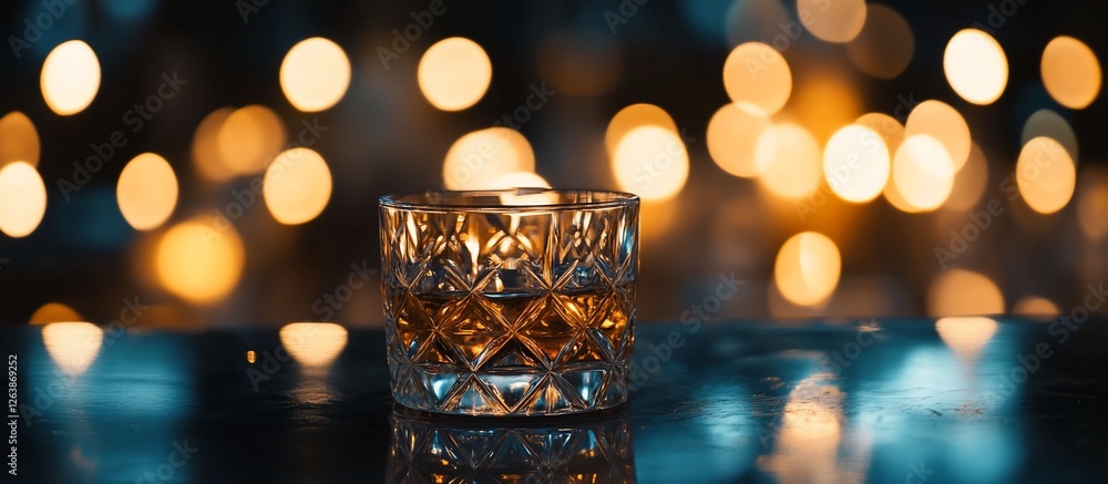 Whiskey in a crystal glass on a dark surface with bokeh lights. Whiskey in a crystal glass on a dark surface with bokeh lights.