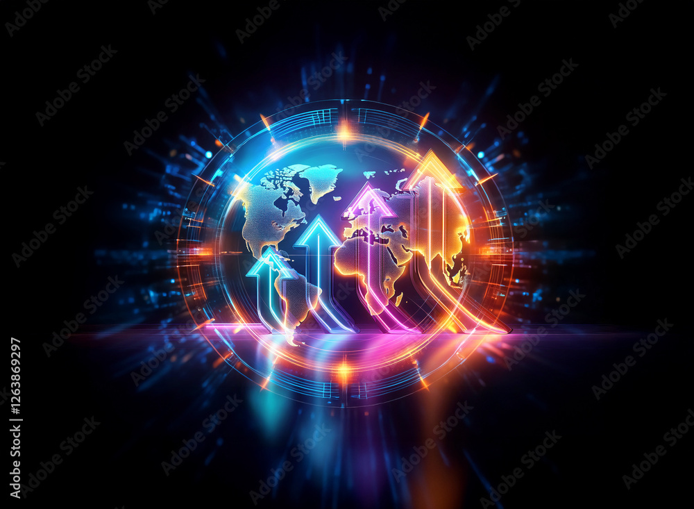 Fototapeta premium A luminous globe with vibrant arrows pointing upwards, symbolizing global growth and progress. The abstract design features dynamic, glowing lines against a dark backdrop.