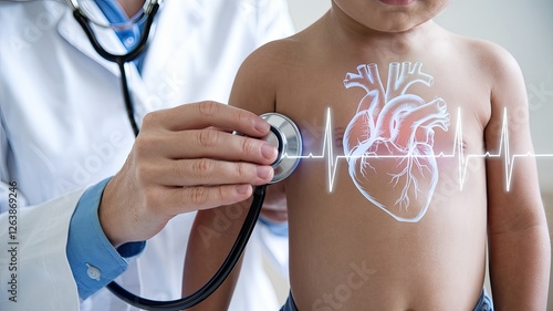 A doctor examines a child's heart with stethoscope, overlaid with a glowing heart illustration and heart rate graph on light background