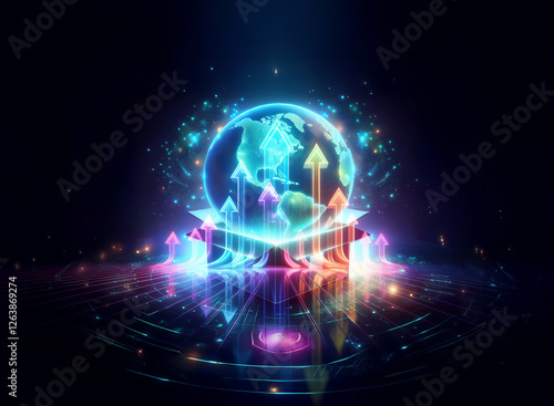 Wallpaper Mural A luminous globe with upward arrows sits on a pedestal, emitting bright neon rays. A vibrant, futuristic design suggesting global progress and technological advancement. Torontodigital.ca