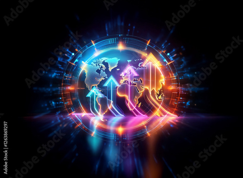 Wallpaper Mural A luminous globe with vibrant arrows pointing upwards, symbolizing global growth and progress. The abstract design features dynamic, glowing lines against a dark backdrop. Torontodigital.ca