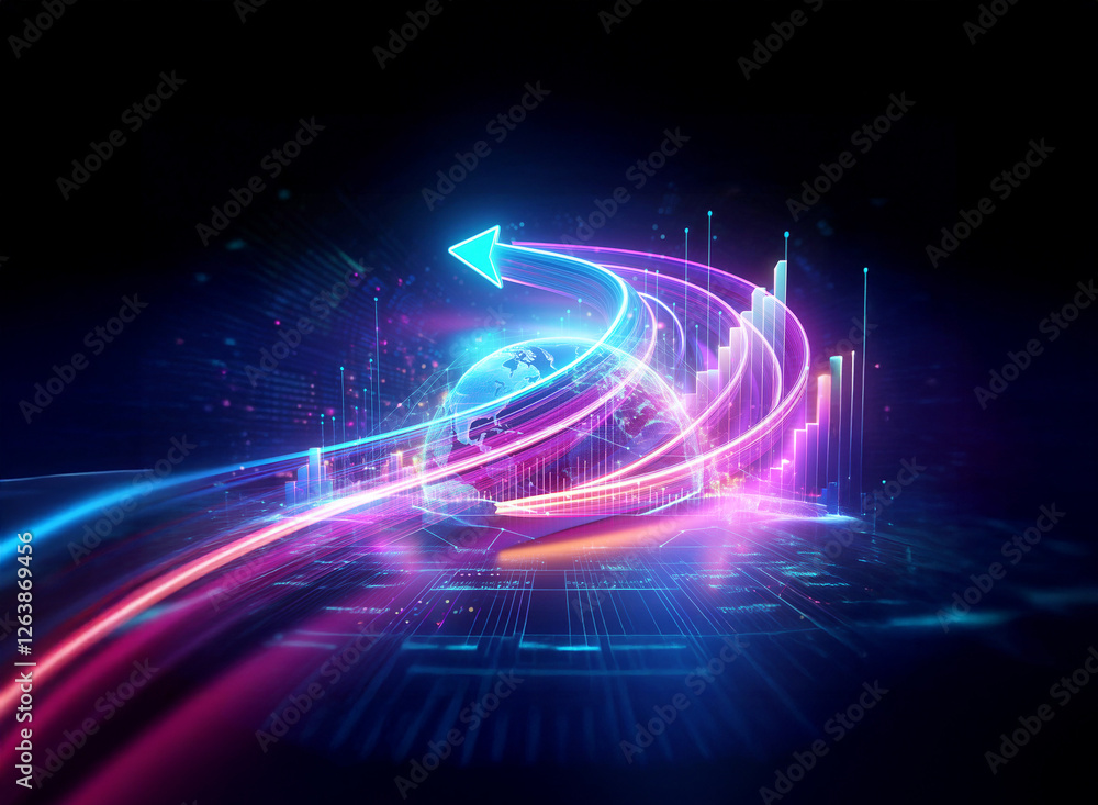 Obraz premium Vibrant neon arrows trace a dynamic upward path over a glowing globe, symbolizing progress and growth in a futuristic digital landscape.
