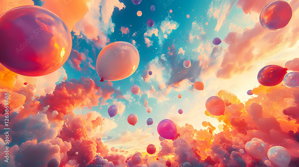 Fototapeta premium Balloons fill the sky with a kaleidoscope of colors, iridescent, sky. Opalescent Skies. Illustration