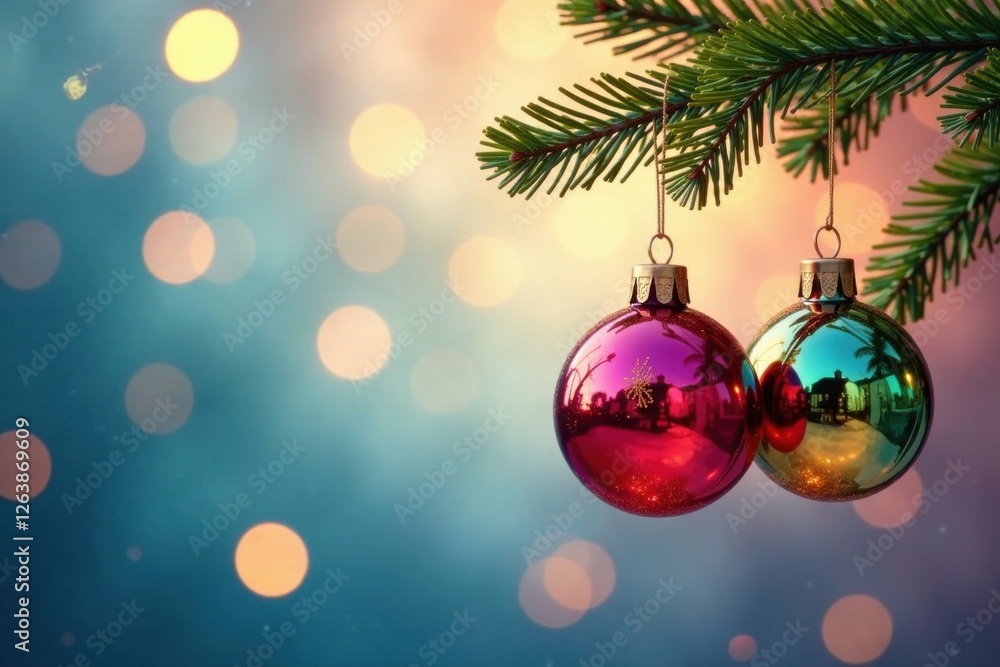 Fototapeta premium Colorful glass ornaments hanging from a branch, ornaments, holiday decoration, winter wonderland