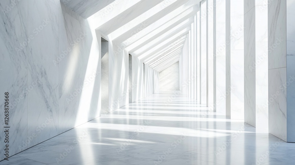 Obraz premium Sunlit modern white marble hallway with columns and perspective.