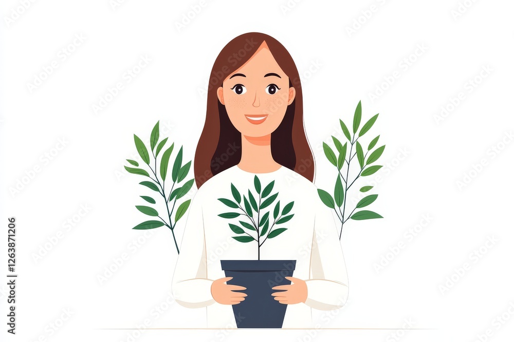 Flat vector illustration of a young woman holding potted plants, minimalistic design, clean lines, soft pastel color palette, modern botanical concept for eco friendly lifestyle Flat vector illustration of a young woman holding potted plants, minimalistic design, clean lines, soft pastel color palette, modern botanical concept for eco friendly lifestyle