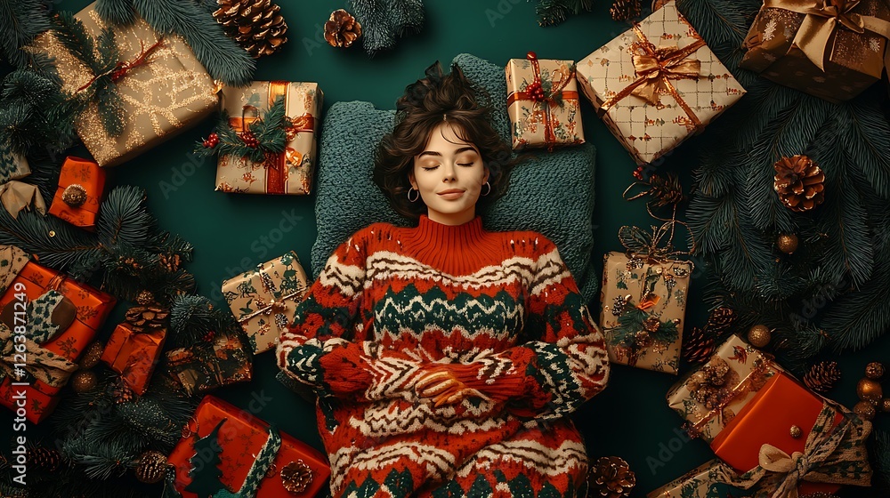 Naklejka premium Woman in Festive Sweater Surrounded by Christmas Gifts: A Holiday Season Image AI Generated
