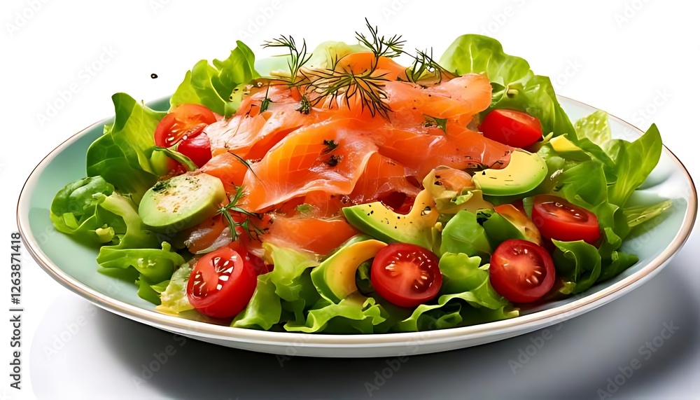 Artistic arrangement of salmon salad with fresh ingredients; healthy and light presentation style. Artistic arrangement of salmon salad with fresh ingredients; healthy and light presentation style.