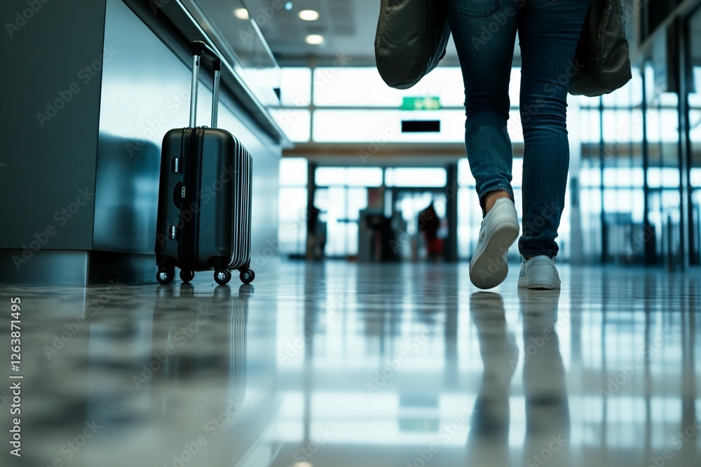 Fototapeta premium Woman's legs and small suitcase in airport terminal.