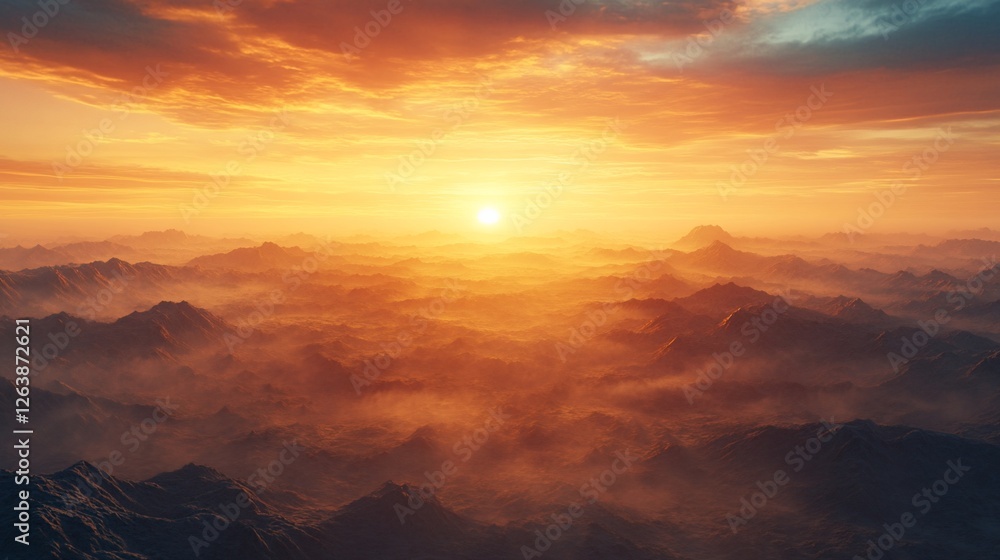 Fototapeta premium Vibrant sunset over a misty mountain range.