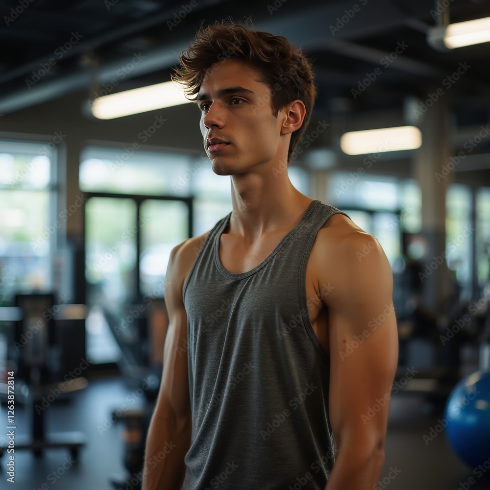 Young man posing in fitness center after workout: showing his muscles Young man posing in fitness center after workout: showing his muscles