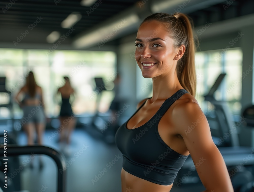Young woman smiling and training in modern fitness center Young woman smiling and training in modern fitness center