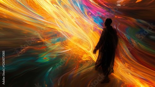 A solitary silhouette moves through glowing, colorful light waves, blending surreal and dreamlike energy in a dynamic digital artwork. AI generated.