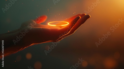 A mysterious glowing ring held gently in a hand, surrounded by golden light particles, evoking a sense of magic, wonder, and fantasy. AI generated.