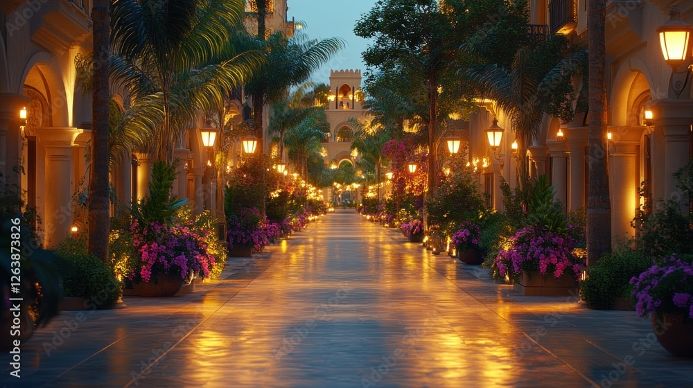 Fototapeta premium Luxurious evening promenade through a tropical resort