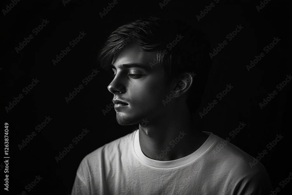 Naklejka premium Thoughtful young man in dramatic lighting, exuding quiet confidence, deep reflection, and emotional complexity in a moody high resolution black and white portrait