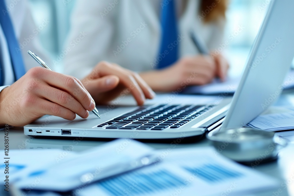 Close-up of hands typing on laptop and writing with pen, paperwork and charts visible. Close-up of hands typing on laptop and writing with pen, paperwork and charts visible.