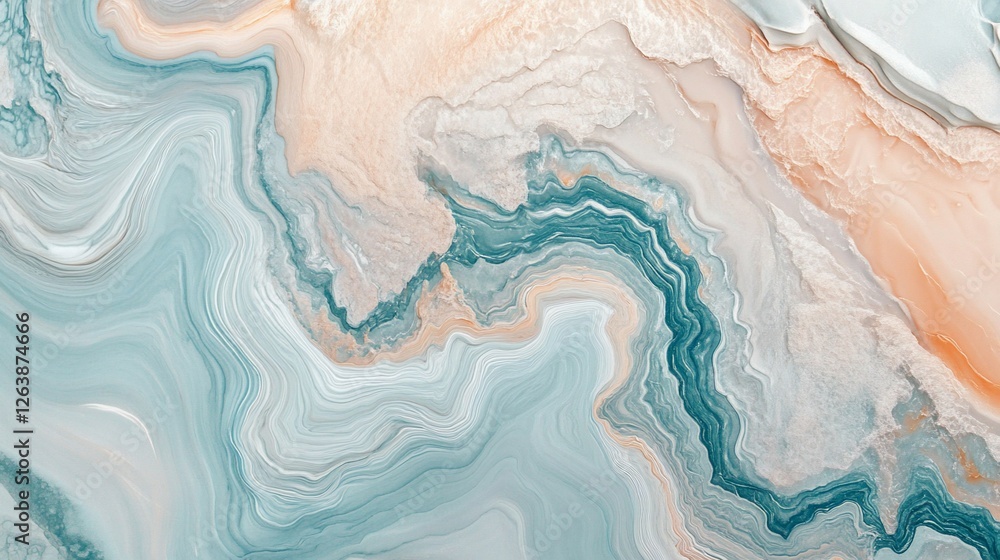 Fototapeta premium Abstract Fluid Art with Swirling Blue and Peach Tones Creating a Marble Effect
