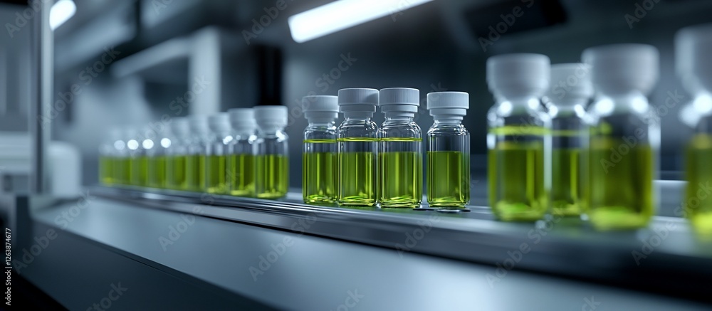 Conveyor belt with rows of small glass vials filled with bright green liquid in a laboratory setting. Conveyor belt with rows of small glass vials filled with bright green liquid in a laboratory setting.
