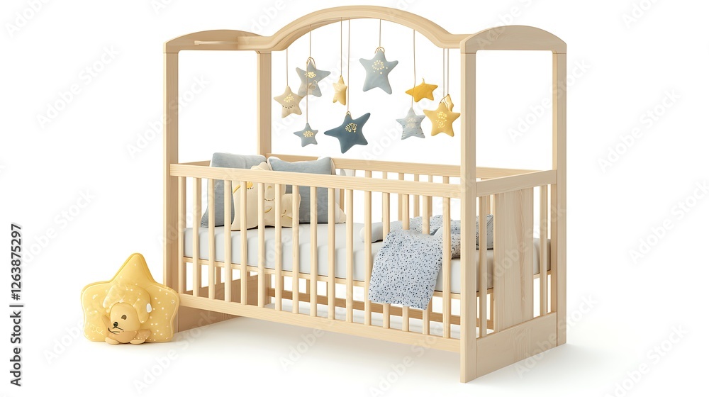 Obraz premium Baby crib with hanging stars, ready for sleep