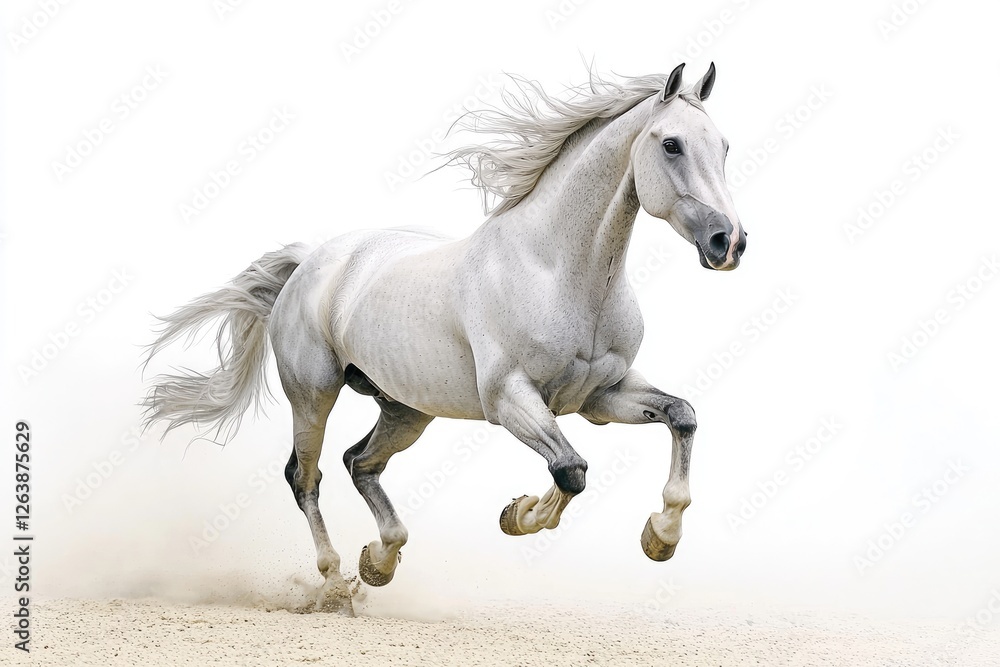 Majestic White Horse Galloping Across Sandy Terrain Under Bright Clear Sky with Flowing Mane and Powerful Presence in Motion and Freedom Majestic White Horse Galloping Across Sandy Terrain Under Bright Clear Sky with Flowing Mane and Powerful Presence in Motion and Freedom