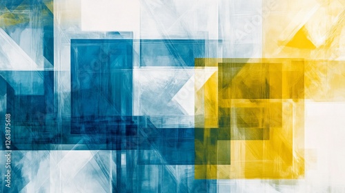 Abstract geometric background with intersecting blue and yellow squares and lines