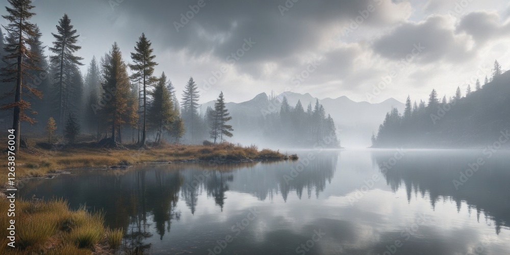 Misty landscape with foggy lake and overcast sky , scenery, cloud, nature Misty landscape with foggy lake and overcast sky , scenery, cloud, nature