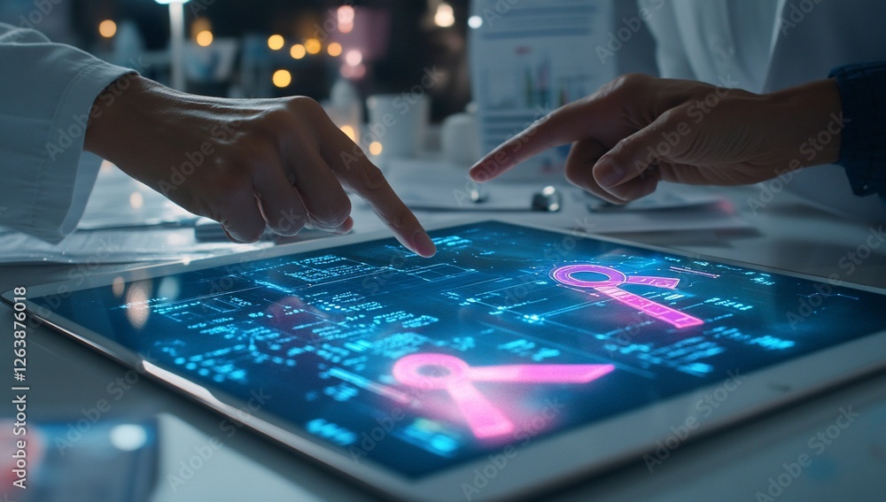 Two doctors review data and pink ribbons on a tablet, discussing breast cancer research. Two doctors review data and pink ribbons on a tablet, discussing breast cancer research.
