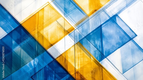 Abstract overlapping translucent blue and yellow glass geometric shapes