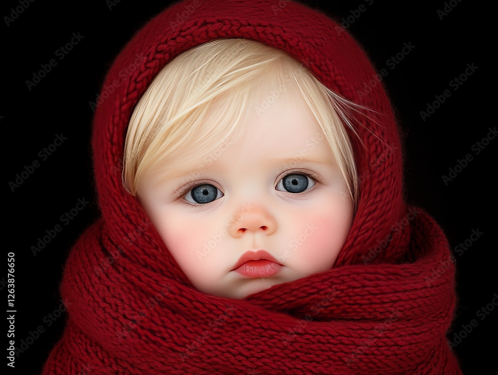 Blue eyed baby wrapped in deep red knitted scarf, gazing with pure innocence, highlighting contrast, rich texture, and expressive portraiture in premium artistic photography Blue eyed baby wrapped in deep red knitted scarf, gazing with pure innocence, highlighting contrast, rich texture, and expressive portraiture in premium artistic photography