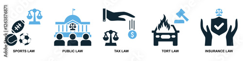 set of law and justice icon vector, featuring scales of justice, a gavel, courthouse for law firms, judiciary, legal services, and regulations