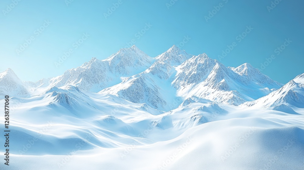 Fototapeta premium Snowy mountain range landscape, serene, vast, untouched wilderness. Ideal for nature, winter, adventure tourism