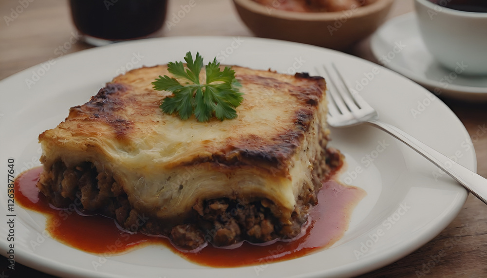 greek moussaka (beef and eggplant lasagna) on a plate greek moussaka (beef and eggplant lasagna) on a plate