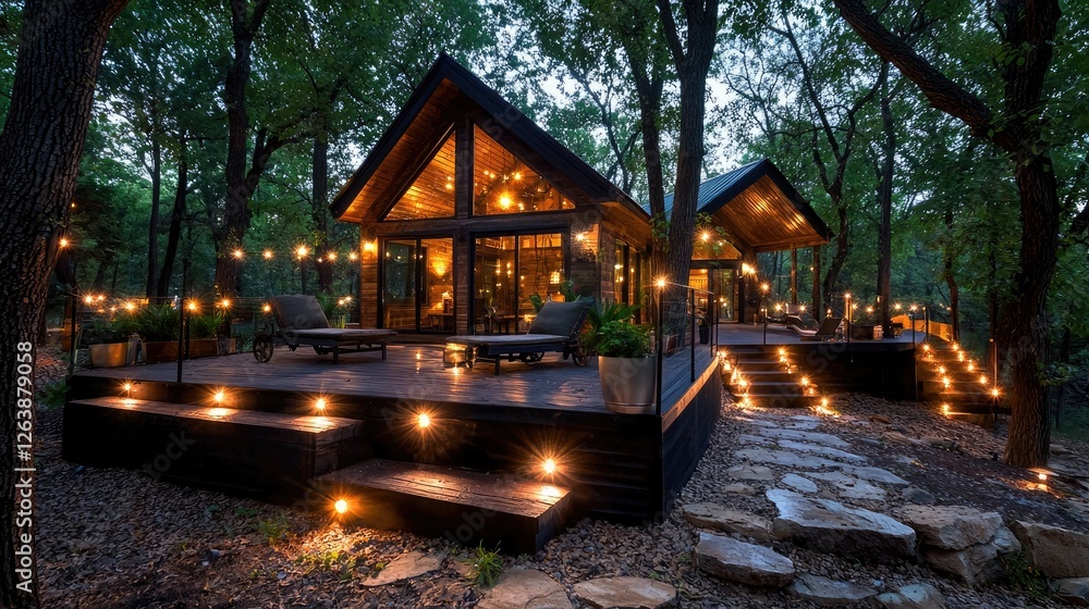 Fototapeta premium Modern cabin at dusk, nestled in woods, with illuminated deck. Use stock photography
