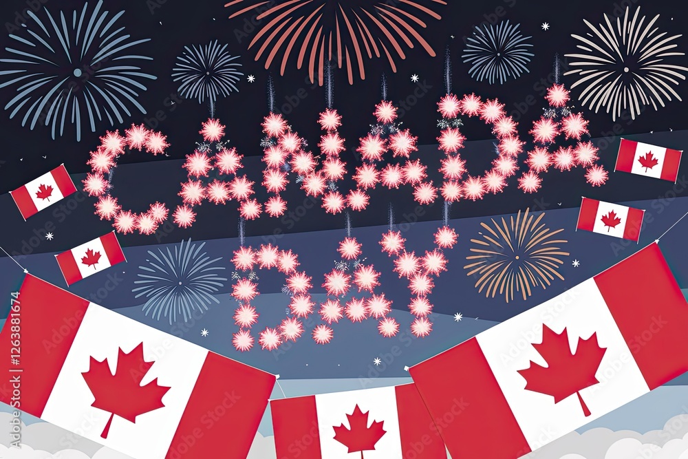 Obraz premium Festive Canada Day Illustration with Fireworks and Flags on Blue Background