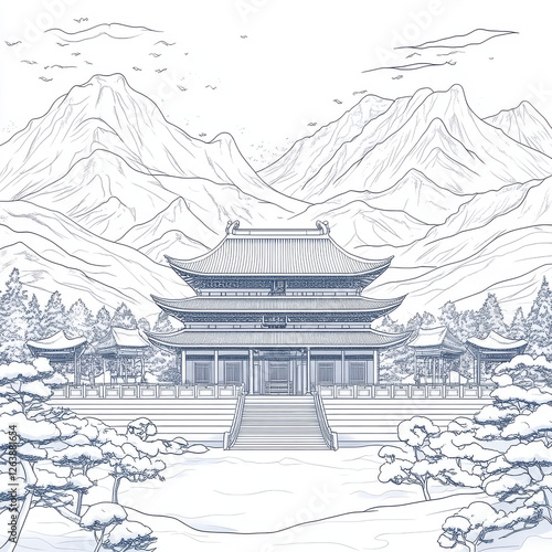 Wallpaper Mural serene landscape featuring traditional Asian temple surrounded by mountains and trees, depicted in detailed line art style. scene evokes tranquility and harmony with nature Torontodigital.ca