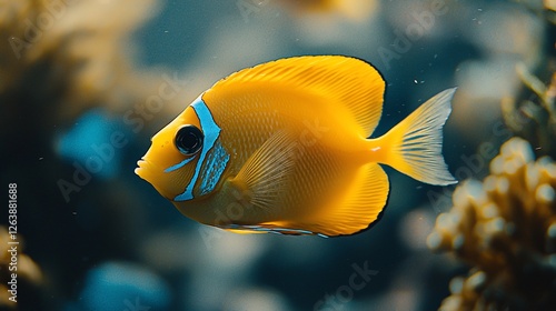 Vibrant yellow fish swimming gracefully among colorful coral reefs in a serene underwater scene photo