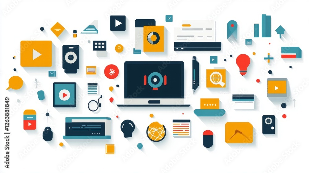 Digital marketing and technology flat lay illustration showing laptop, icons, and devices. Digital marketing and technology flat lay illustration showing laptop, icons, and devices.