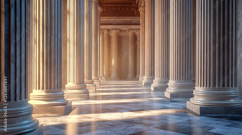 Sunlit Classical Columns: A Majestic Hallway Sunlit Classical Columns: A Majestic Hallway