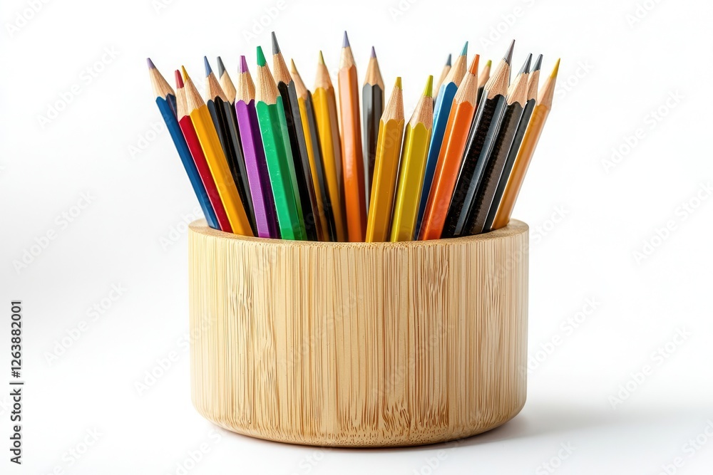 Fototapeta premium Vibrantly Colored Pencils in a Natural Wooden Holder for Creative Arts and Crafts Projects Displayed on a Bright Background