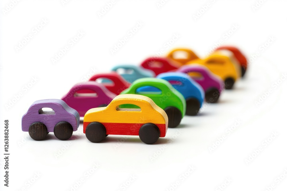 Colorful Wooden Toy Cars in a Playful Arrangement Highlighting Creativity and Imagination for Children's Playtime Activities Colorful Wooden Toy Cars in a Playful Arrangement Highlighting Creativity and Imagination for Children's Playtime Activities