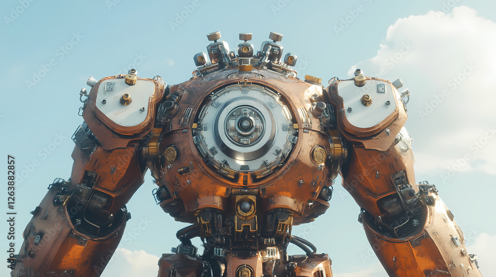 A colossal steampunk robot, intricate copper design, powerful build, futuristic aesthetic. large central core, visible mechanical parts. outdoor setting, clear sky. Mechanical Behemoths. Illustration A colossal steampunk robot, intricate copper design, powerful build, futuristic aesthetic. large central core, visible mechanical parts. outdoor setting, clear sky. Mechanical Behemoths. Illustration