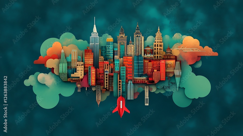 Floating Metropolis: A Vibrant Digital Illustration of a City on Clouds AI Generated Floating Metropolis: A Vibrant Digital Illustration of a City on Clouds AI Generated