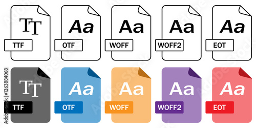 Collection of font file format icons (TTF, OTF, WOFF, WOFF2, EOT) in outline and color styles. Ideal for web design, typography, and digital projects.