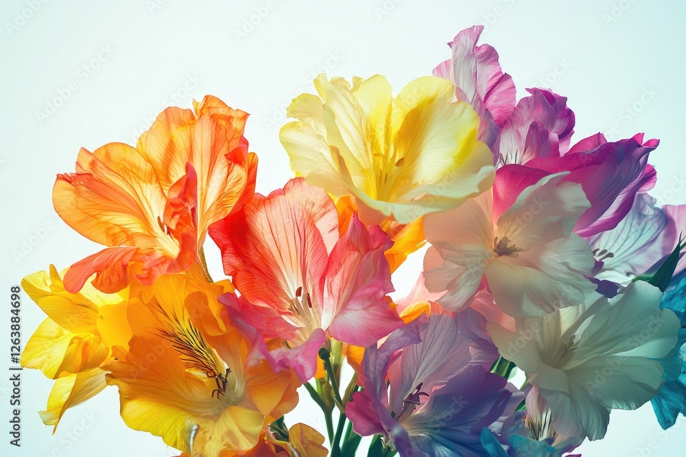 Naklejka premium Vibrant Arrangement of Colorful Gladiolus Flowers Against a Soft Light Background for Inspirational and Decorative Purposes